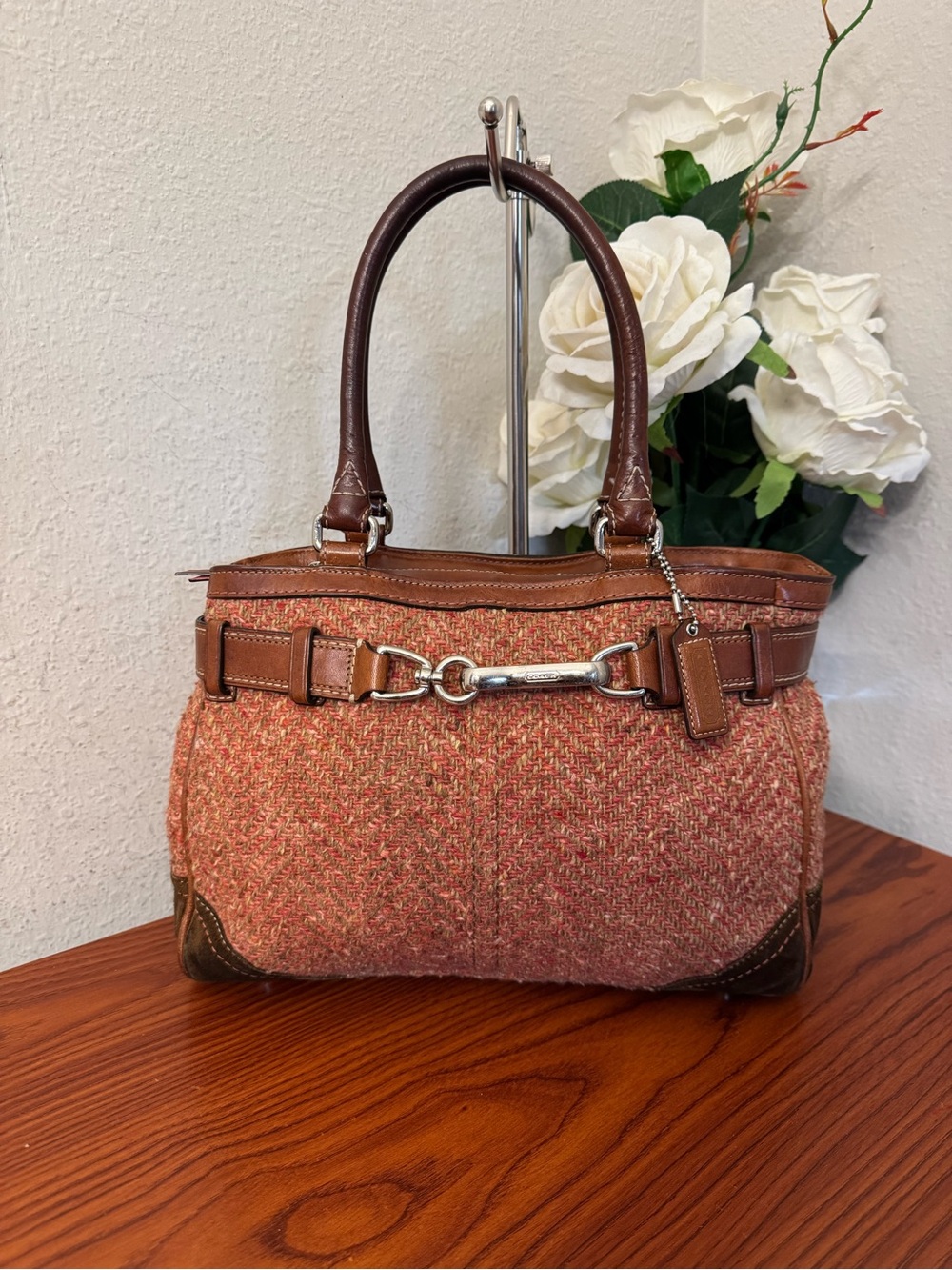 Coach Hampton Tweed Shoulder Bag in Rust and Brown with Silver Hardware